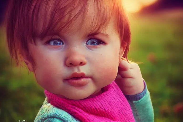 Prompt: the cutest baby sitting in strawberries artstation golden hour trending on Flickr pink and green cinematic high details photorealistic 80mm