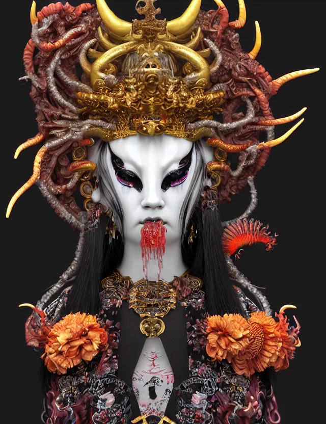 Image similar to 3 d goddess close - up profile satan biohazard portrait with crown, ram skull. beautiful intricately detailed japanese crow kitsune mask and clasical japanese kimono. betta fish, jellyfish phoenix, bio luminescent, plasma, ice, water, wind, creature, artwork by tooth wu and wlop and beeple and greg rutkowski