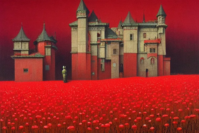 Image similar to only with red, red flowers of different types, red castle in background, red medieval big fat goblins, in the style of beksinski, parts by edward hopper, parts by rodcenko, parts by yue minjun, intricate and epic composition, red by caravaggio, insanely quality, highly detailed, masterpiece, red light, artstation, 4 k