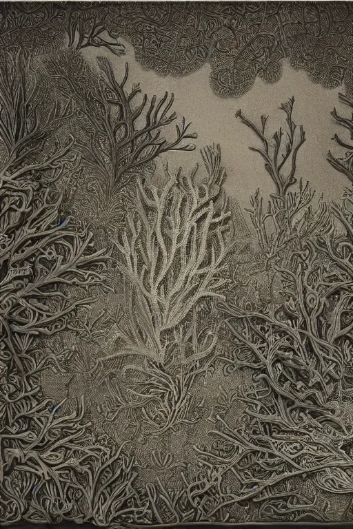 Image similar to a coral reef, made of intricate decorative lace leaf skeleton, in the style of the dutch masters and gregory crewdson, dark and moody