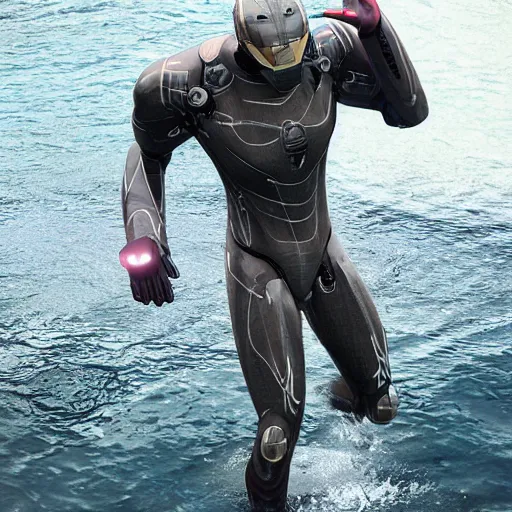 Image similar to realistic advanced iron suit in the bottom of a lake