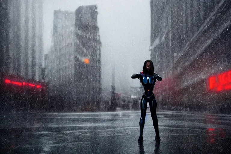 Prompt: vfx marvel sci-fi woman black super hero robot photo real full body action pose, city street cinematic lighting, rain and fog closeup by Emmanuel Lubezki