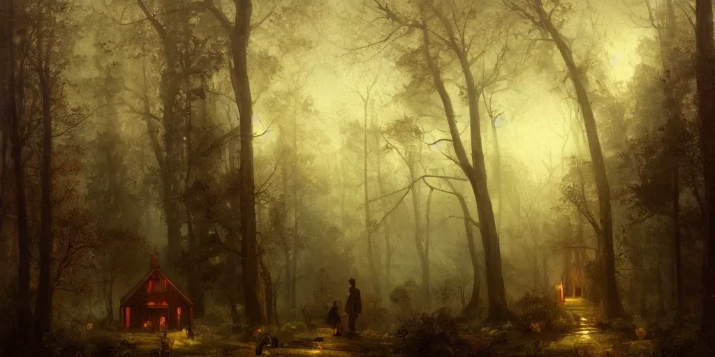 Image similar to an old house with red light on from the windows during the night in a forest, a men stand up in front of the house, mystical fog, oil on canvas, art by andreas achenbach, clemens ascher, tom bagshaw and sabbas apterus,