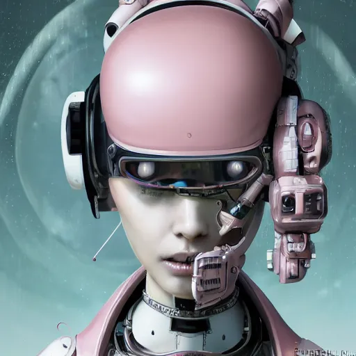 Image similar to highly detailed portrait of a post-cyberpunk robotic young lady with space helmet and wired cybernetic face modifications, skull face, robotic limbs, by Akihiko Yoshida, Greg Tocchini, Greg Rutkowski, Cliff Chiang, 4k resolution, persona 5 inspired, pristine white, pink, brown and black color scheme with sparking stray wiring
