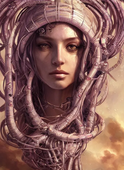 Image similar to high intricate portrait of medusa with cybernetic enhancements, maria panfilova, andrea savchenko, mike kime, ludovic plouffe, qi sheng luo, oliver cook, makoto shinkai, trending on artstation