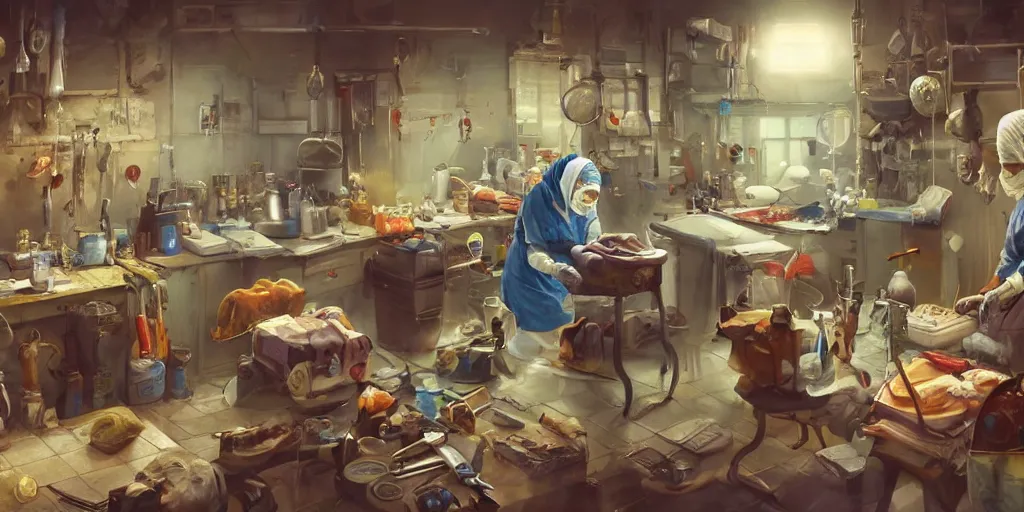 Image similar to an environmental concept art of a babushka surgeon in a cluttered mechanics workshop, surgical impliments, surgery table, highly detailed, cinematic, dramatic