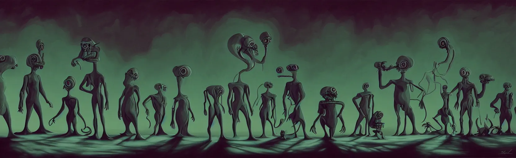 Image similar to uncanny repressed mutants from the depths of a vast wasteland in the collective unconscious, dramatic lighting, surreal dark 1 9 3 0 s fleischer cartoon characters, surreal painting by ronny khalil