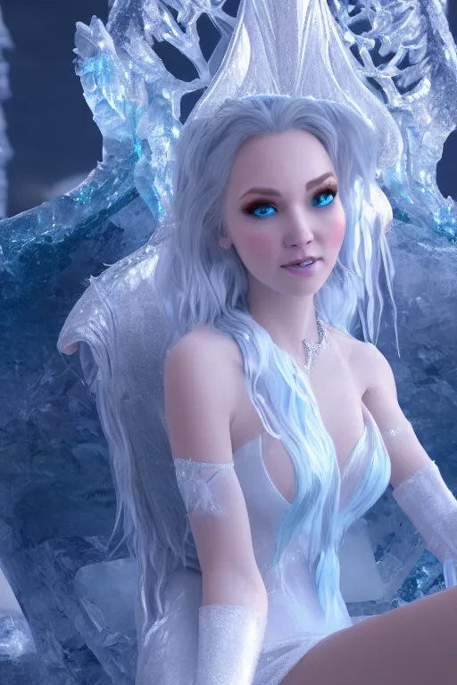 Prompt: Beautiful Ice Princess!! sitting on an ice throne, frost, fantasy, elegant, artstation, hard focus, octane render