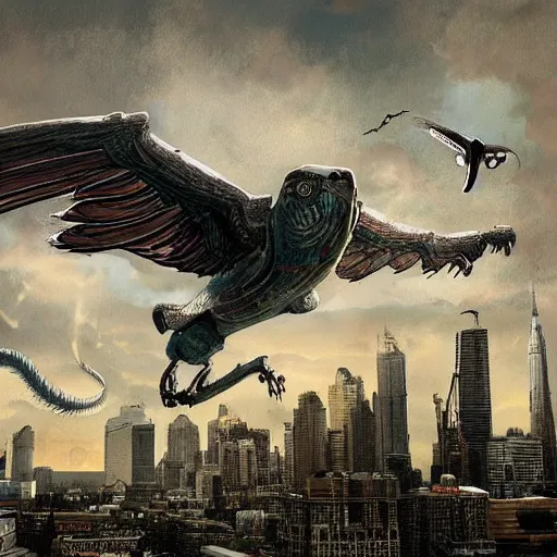 Image similar to A beautiful print of a large, flying, robotic creature swooping down over a cityscape. The creature has a long, snake-like body with large, razor-sharp wings. It is attacking a group of people who are running in terror. by Frits Van den Berghe terrifying