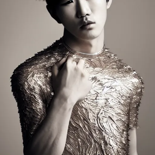 Image similar to a beautiful young korean male wearing iris van herpen couture, photographed by erwin olaf