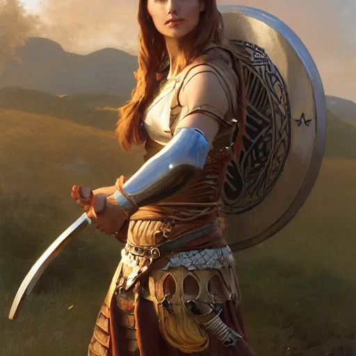 Image similar to A full view image of a viking shield maiden, with a spear and shield, at golden hour by Ruan Jia and Mandy Jurgens and Artgerm and william adolphe bouguereau, highly detailed, trending on artstation, award winning, H 768