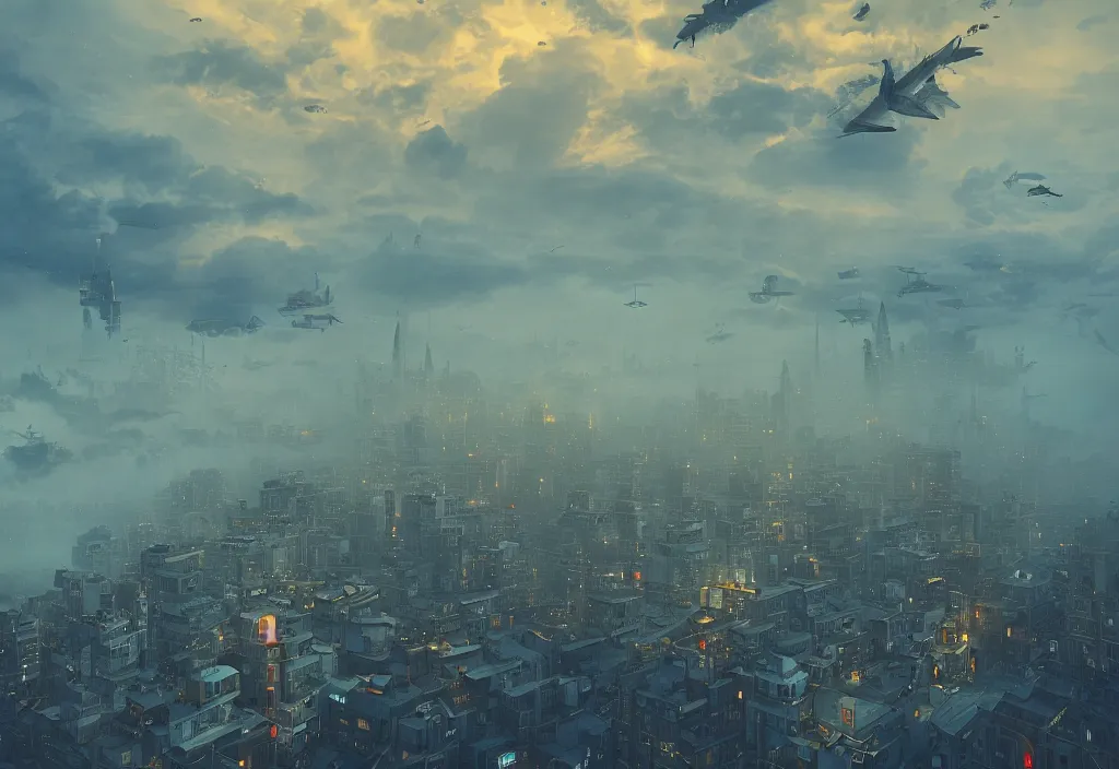 Image similar to flying city by alena aenami, zeppelin dock, city in the air, buildings are flying, mist below buildings, steampunk, digital art, 4 k, trending on artstation, impressive, epic composition, highly detailed, golden hour, no ground, cloud instead of ground