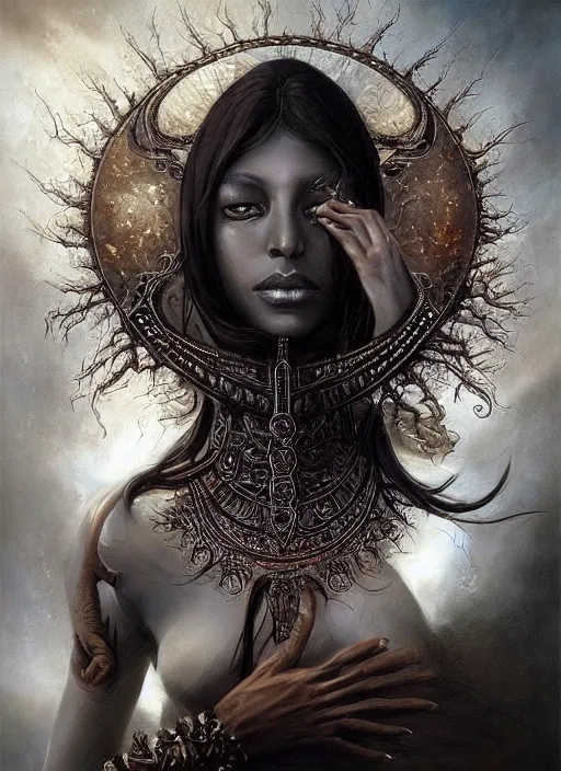 Image similar to full portrait of queen of the third eye, black metal shiny skin. intricate, elegant, highly detailed, centered, digital painting, artstation, concept art, smooth, sharp focus, illustration, artgerm, tomasz alen kopera, peter mohrbacher, donato giancola, joseph christian leyendecker, wlop, frank frazetta