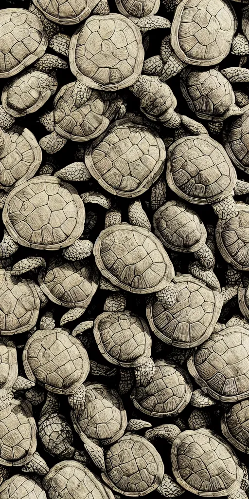 Image similar to a neverending stack of turtles, wide angle, dutch angle