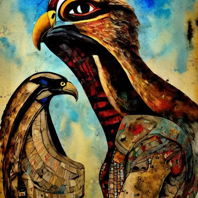 Prompt: expresionistic watercolor of Horus the falcon headed egyptian god, by Enki Bilal, by Dave McKean, by Peter Mohrbacher, graffiti paint, vintage, splatters, scratches