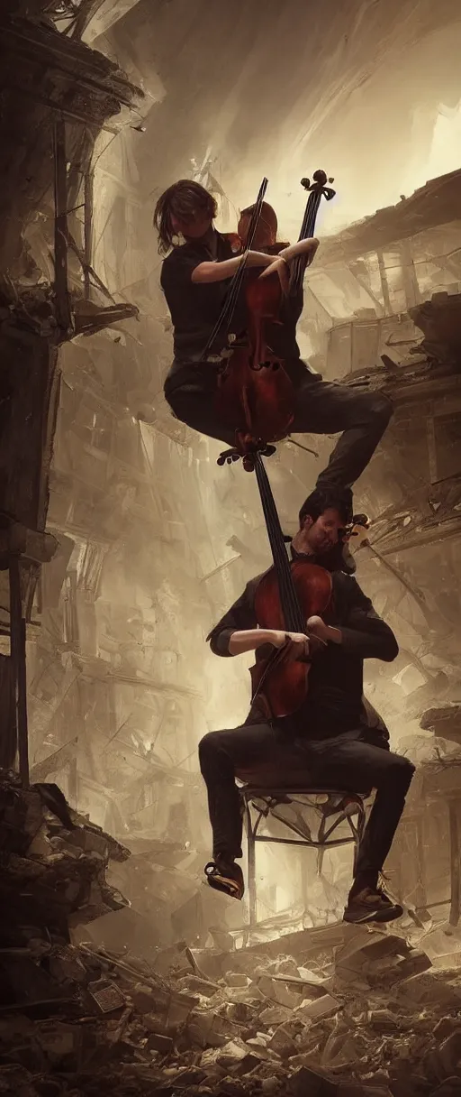 Image similar to a highly deatiled portrait of a cellist playing in the rubble of a fallen building, beautifully lit, concept art, sharp focus, in the style of Bastien Lecouffe-Deharme and steve argyle, artstation HD, octane render