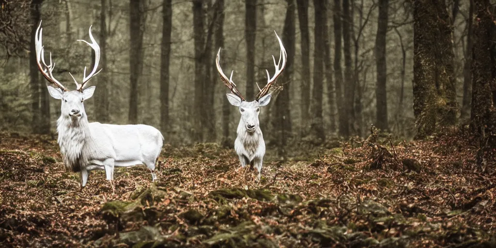 Image similar to king of the forest, a white stag, beautiful, fantasy, hyper realistic, dramatic lighting, cinematic, 3 5 mm lens, 8 k,