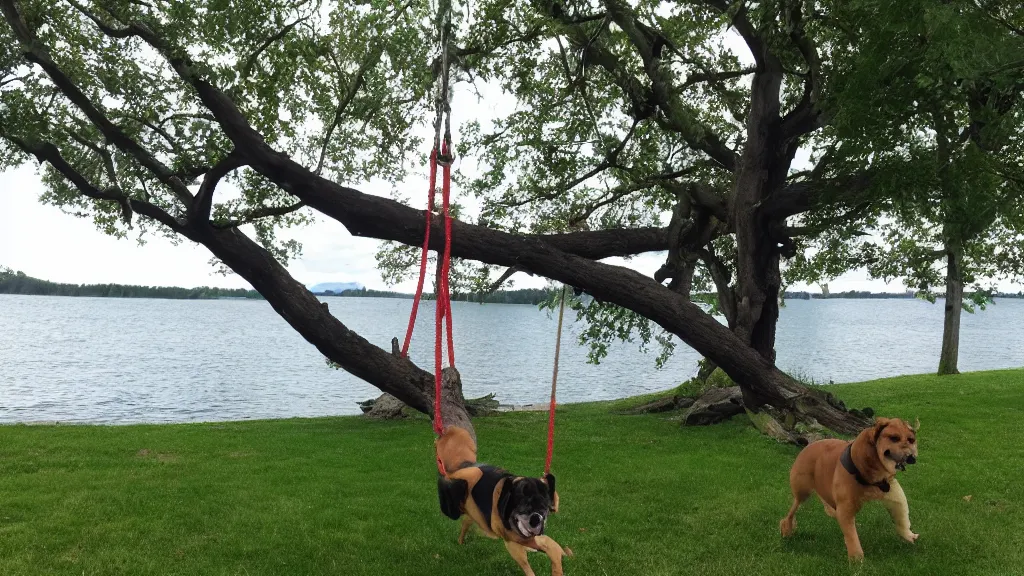 Image similar to our house in the lake had a large tree swing into the lake, my dog was the best rope swinger of all of us and spent the most time on it.