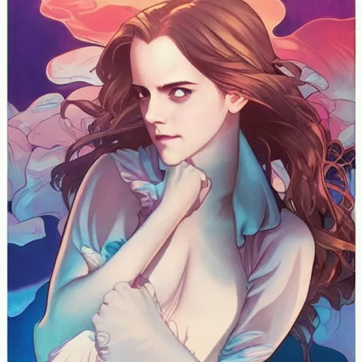 Prompt: emma watson under water, perfect coloring, low saturation, epic composition, masterpiece, bold complimentary colors. stunning masterfully illustrated by artgerm, range murata, alphonse mucha, katsuhiro otomo