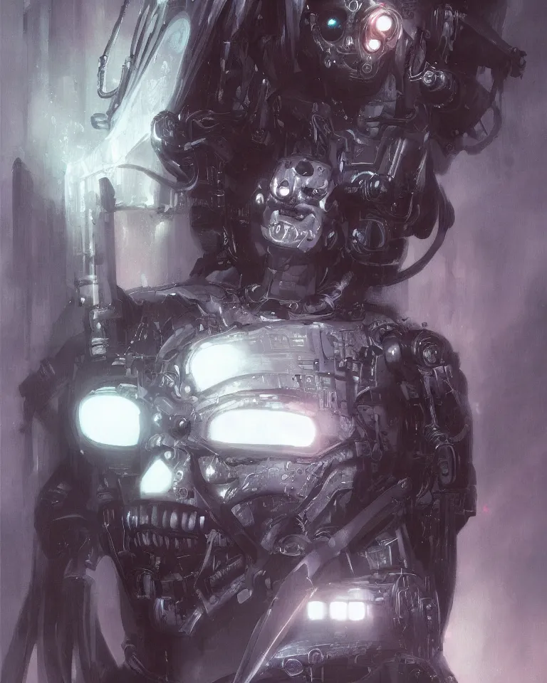 Image similar to a haunting ominous painting of a horrifying but beautiful cybernetic ghost in the style of brom, cyberpunk, artstation