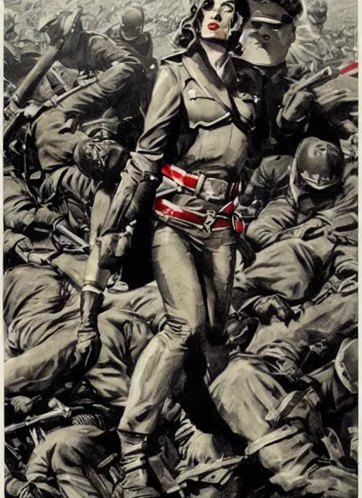 Image similar to female captain america standing on a pile of defeated german soldiers. female captain america wins wwii. american wwii propaganda poster by james gurney