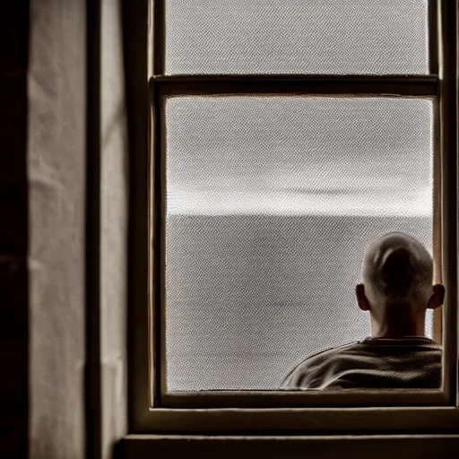 Image similar to a man in prison looking outside the window, hd, Cinematic lighting, 8k