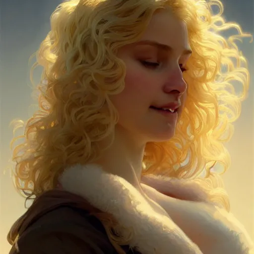 Image similar to A pregnant blond woman with closed eyes smiling, very detailed face, long fluffy curly blond hair, light blond hair, gorgeous, beautiful, intricate, highly detailed, digital painting, artstation, concept art, sharp focus, illustration, art by greg rutkowski and alphonse mucha