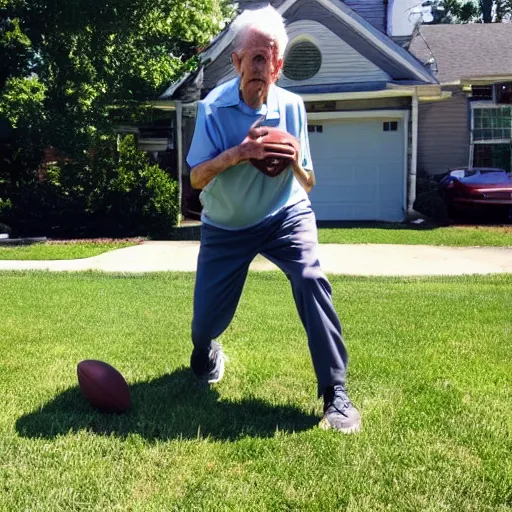 Prompt: an elderly man in pain with a 🏈 in the groin on the front lawn. long shot 3 /