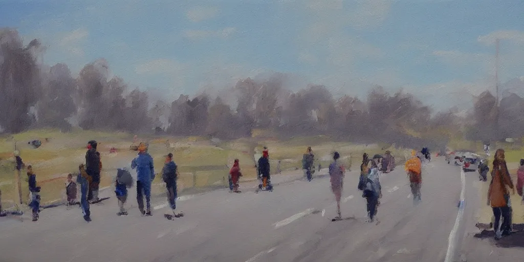 Image similar to People strolling along the highway, Martin Handford painting style.