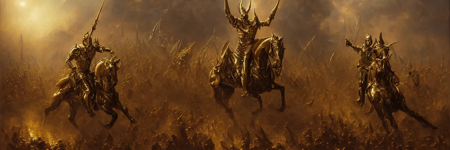 Image similar to sauron in a golden armor in a battlefield, dark foggy background, painting by gaston bussiere, j. c leyendecker, gustave dore, extremely realistic and highly detailed 8 k, sharp focus, mysterious atmospheric lighting, octane render, dramatic volumetric lighting, golden ratio, extremely realistic faces