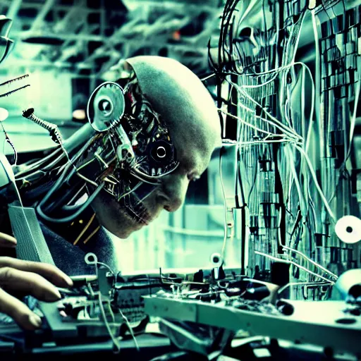 Image similar to a man trapped in a cyborg repair factory, being dissembled by robotic arms, all around are body parts, circuit boards, wires, biomech,, panavision