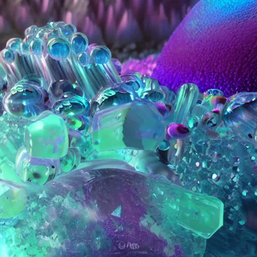 Image similar to underwater crystals, dark background, shine, mixed colours, tenticles 3 d render, incredible details, highly detailed, photorealistic, disney pixar, smooth, octane render, iridescent, 8 k