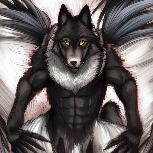 Image similar to key anime visual professional art of a close shot of an anthropomorphic black male wolf anthro furry fursona, wearing a business suit, handsome male eyes, anime office background, official anime still