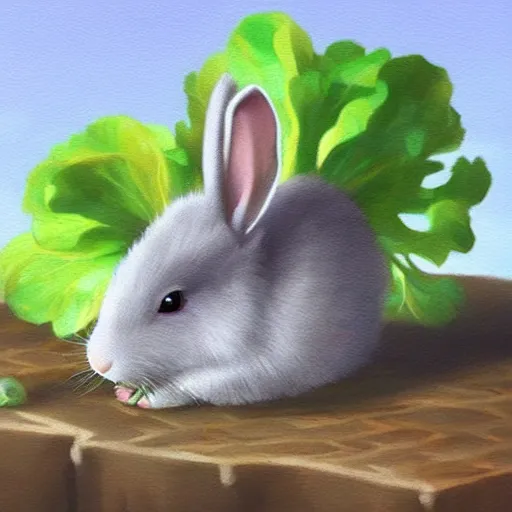 Prompt: a cute gray rabbit eating lettuce, mtg, fantasy art painting