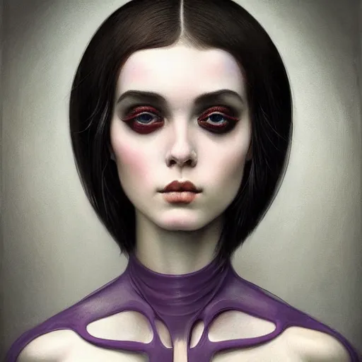 Image similar to photorealistic soft paint of absurdities and curiosities, very beautiful dollpunk female full long dress, ultra deep fog, purple black lustrous thin haircut, symmetry accurate features, focus, very intricate ultrafine details, award winning masterpiece, tom bagshaw ross tran