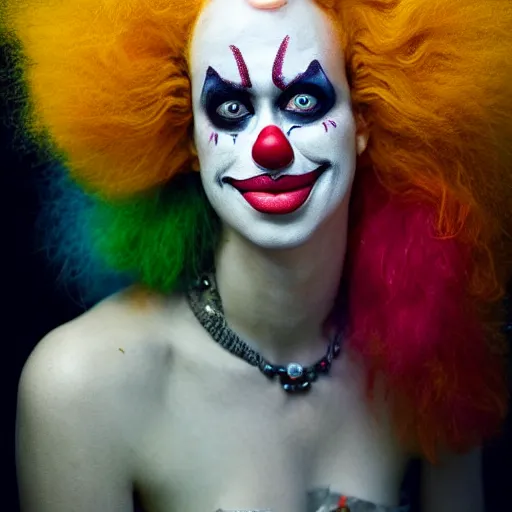 Image similar to uhd candid photo of krusty the clown wearing bizarre clown makeup, intricate details. photo by annie leibowitz photorealisitc hyperdetailed