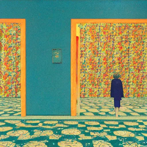 Image similar to a lonely girl in an abandoned room, film still by wes anderson, depicted by klimt, limited color palette, very intricate, art nouveau, highly detailed, lights by hopper, soft pastel colors, minimalist