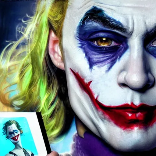 Image similar to the joker holding a printed photo of Margot Robbie, digital painting, amazing detail, artstation, cgsociety