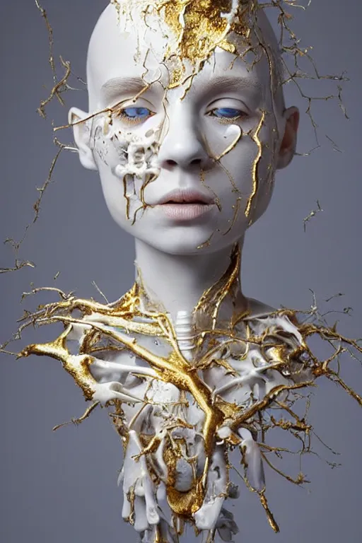 Image similar to full head and shoulders, beautiful porcelain female person, smooth, delicate facial features, white detailed eyes, white lashes, 3 d white anatomical bones, large electrical gold sparks, gold leaf and glowing lightening, by daniel arsham and james jean