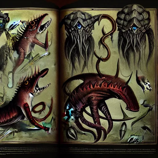 Image similar to bestiary of creatures from the depths of the unconscious psyche