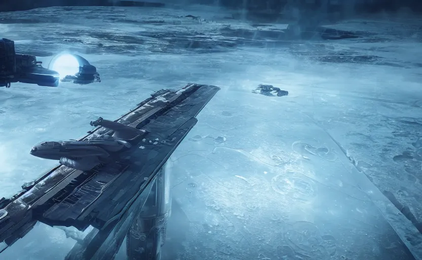 Image similar to photo of cyberpunk aircarrier taking off from the frozen surface of europa, ultra detailed, movie frame, cinematical composition, 4 k, breaking bad