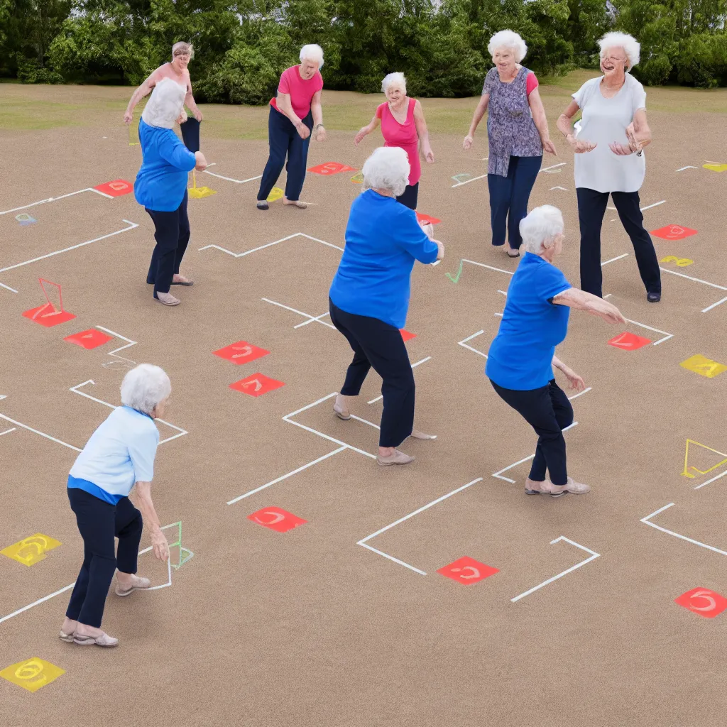 Image similar to old people playing hopscotch on the active minefield, very detailed, 4 k, professional photography