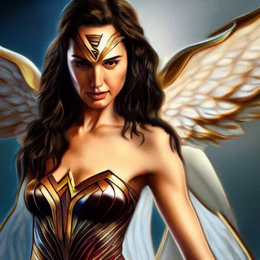 Prompt: Full body potrait of Gal Gadot as an angel, fantasy, intricate, elegant, highly detailed, digital painting, smooth, sharp focus, illustration