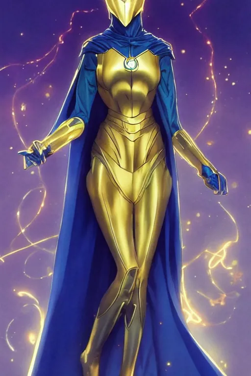 Image similar to anime key visual of a beautiful young female doctor fate!! intricate, gold and blue suit, cape, glowing, powers, dc comics, cinematic, stunning, highly detailed, digital painting, artstation, smooth, hard focus, illustration, art by artgerm and greg rutkowski and alphonse mucha