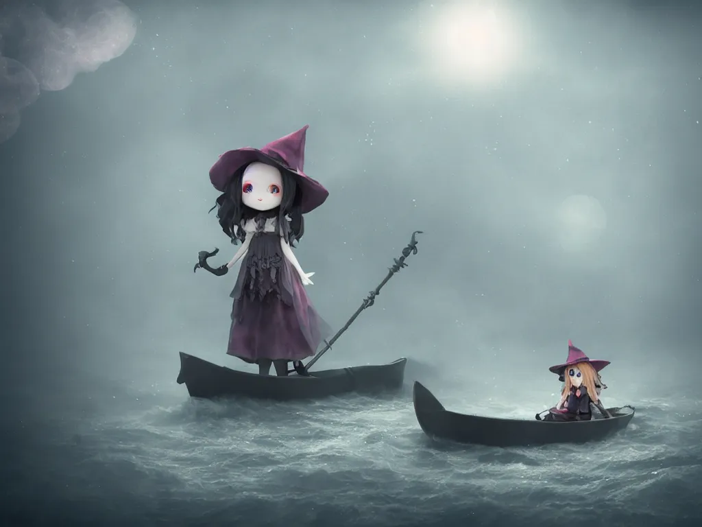 Prompt: cute fumo plush girl witch in a small boat on murky river water, river styx, cursed otherworldly chibi gothic horror wraith maiden, lost in the milky void, hazy heavy swirling murky volumetric fog and smoke, moonglow, lens flare, vray