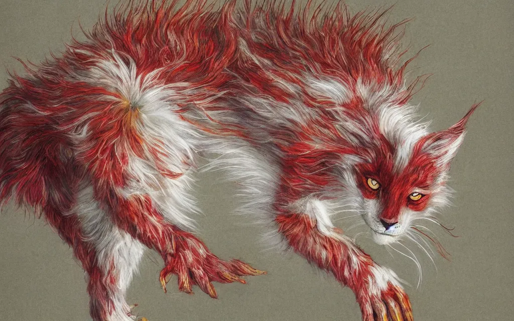 Image similar to mysterious creature with white fur and red streaks, long limbs, with intricate golden paws and glowing eyes by naomi chen