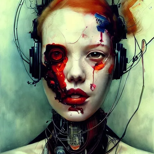 Prompt: beautiful redhead woman, cyberpunk dreams!, wires cybernetic implants!!, in the style of adrian ghenie, esao andrews, jenny saville, surrealism, dark art by james jean, takato yamamoto