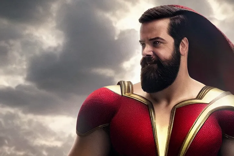 Image similar to bearded david sandberg as shazam from shazam ( 2 0 1 9 ), cinematography