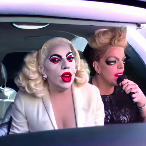 Image similar to carpool karaoke lady gaga and judy garland, highly realistic, highly detailed, high resolution, 8 k 4 k,