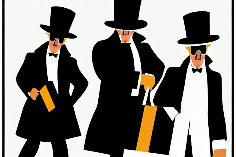 Image similar to poster matte shaded illustration of two donald trumps wearing trench coats and big floppy black spy hats carrying boxes, starring in spy vs spy